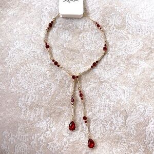 Brand New Gold Tone Teardrop Red Gems Rhinestone Y-Shape Necklace Evening Formal
